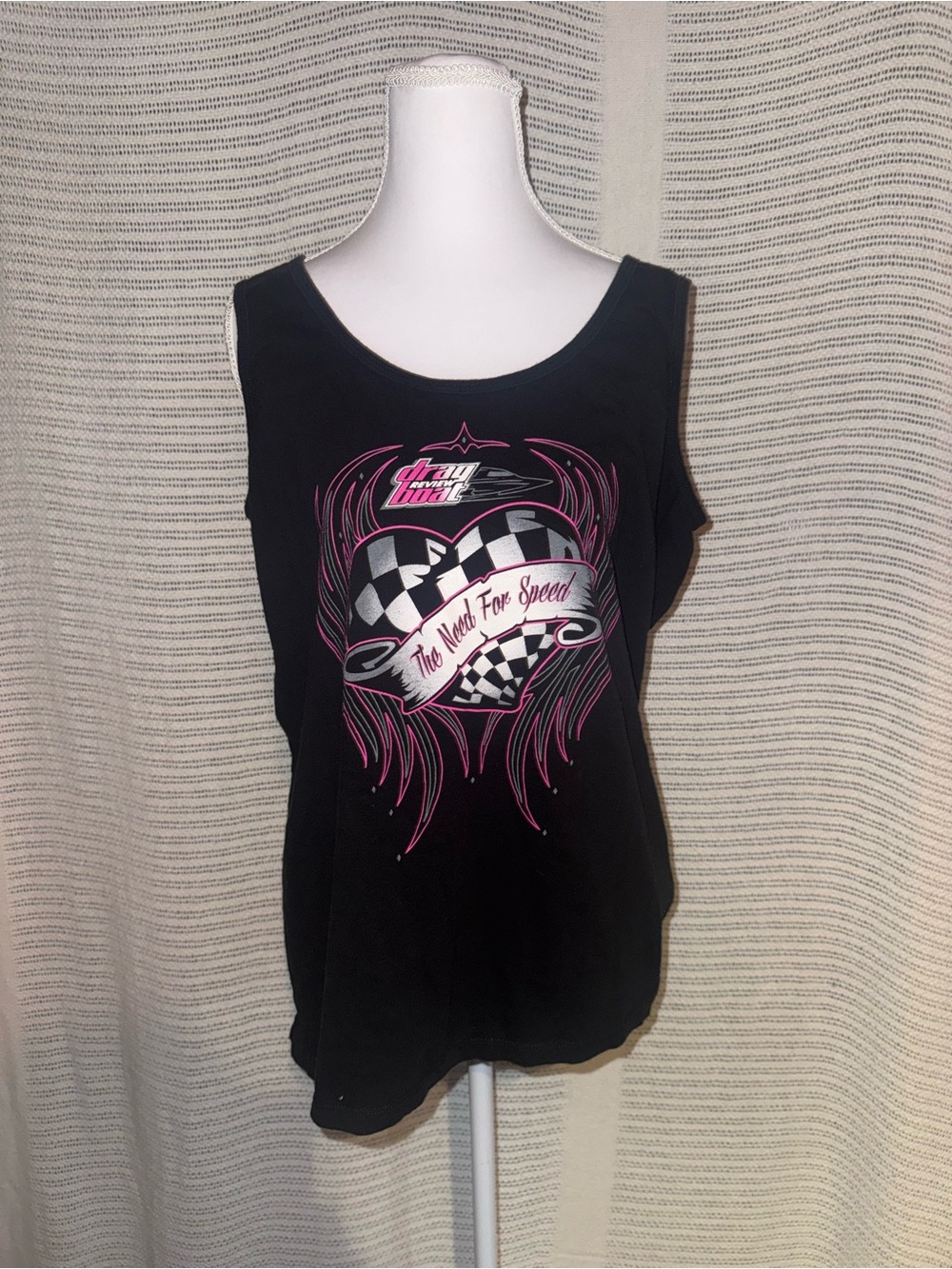 District Black Tank Top with Pink & White Racing Heart Graphic